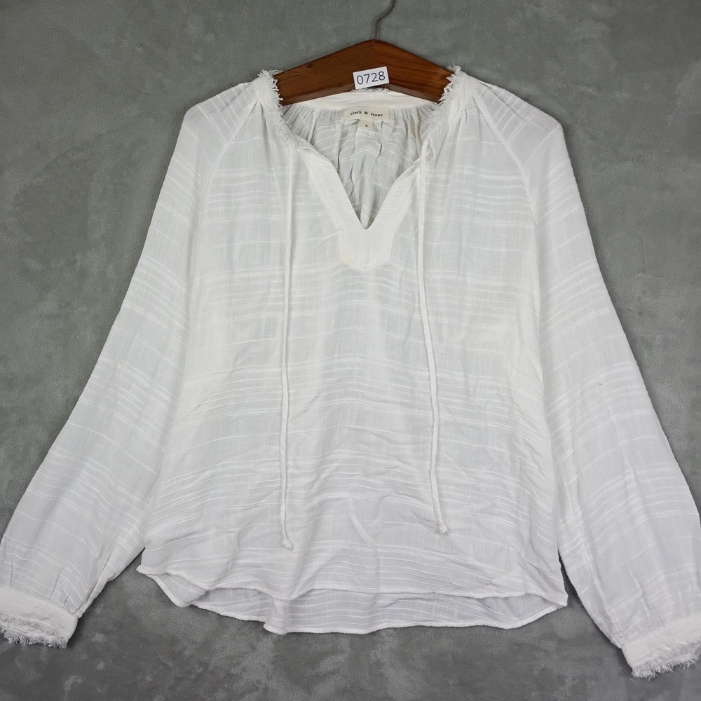 Cloth & Stone Blouse Womens Large White Fringe Tie Neck Linen Blend Boho Summer
